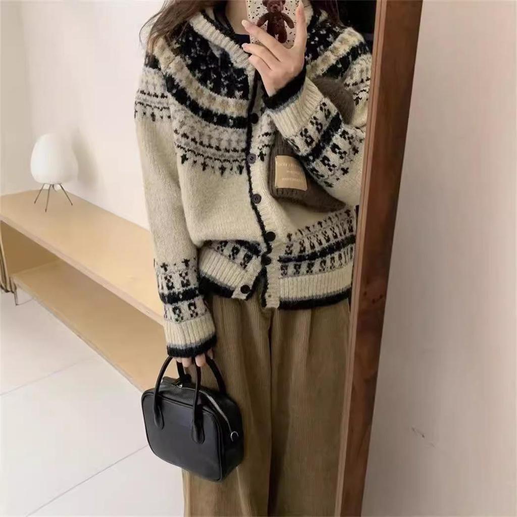 Женский ретро японский жаккардовый свитер с капюшоном - однобортный, свободный, ленивый стиль, вязаный кардиган на осень/зиму