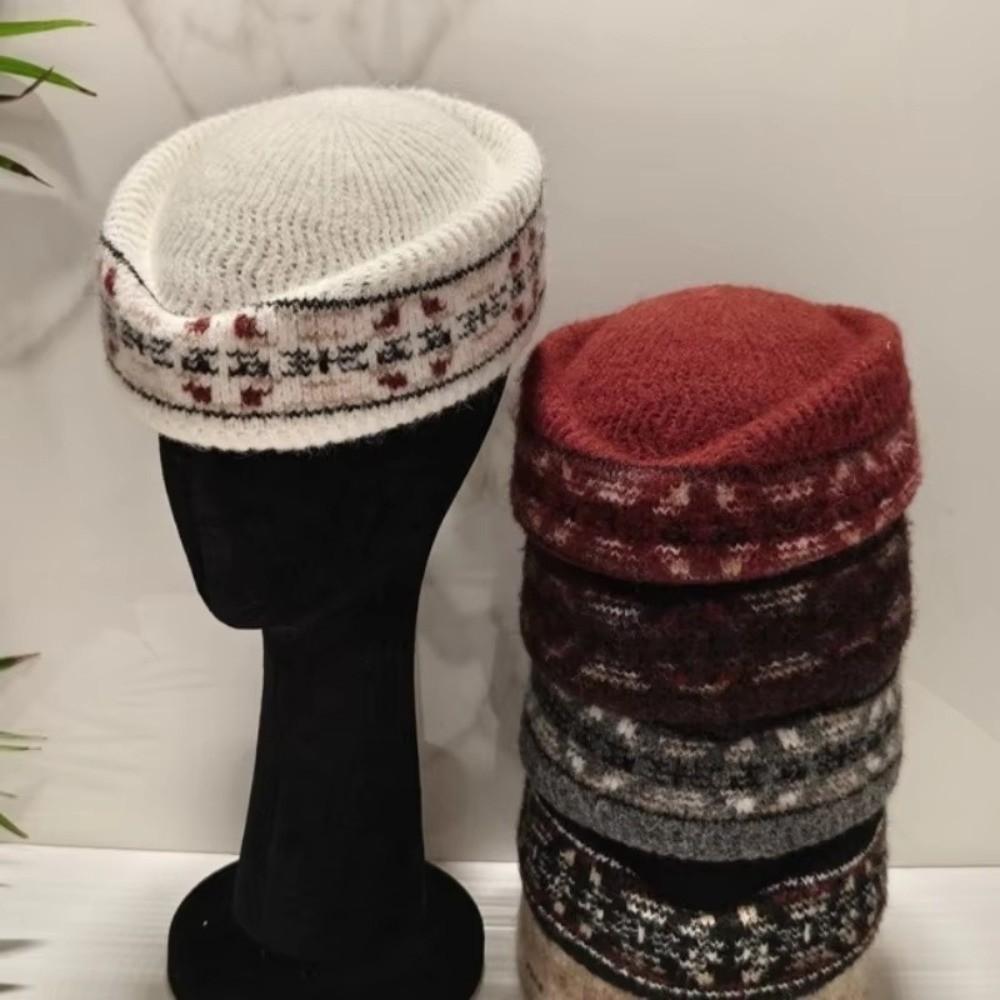 Fair Isle Pattern Stewardess Beret Hat Faux Fur Trim Teardrop Hat New Pillbox Hat For Women