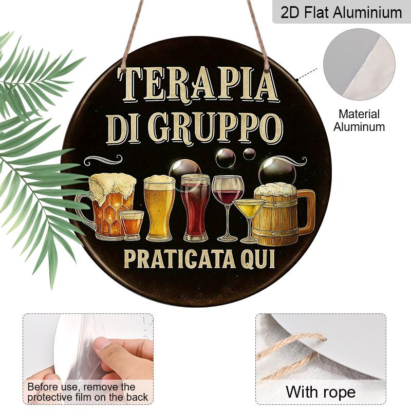 2D Flat - 1pc 2D Flat, 7.87*7.87 Inch Round French Aluminum Sign, "Group Therapy" Retro Decorative Plaque, "Bar Party" Decorative Sign, Suitable for