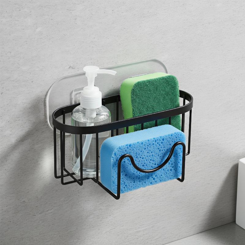 Suction Cup Sponge Storage Rack Hollowed Design with Hook Quick Drying Easy Clean Kitchen Sink Accessory