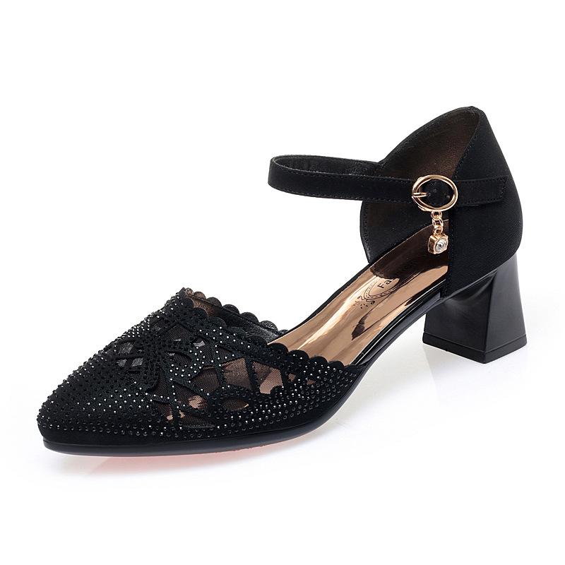 Fashion New Pointed Toe Women Sandals 2024 Spring Summer Mid Heel Gauze Hollow Shoes Fashion Shoes Buckle Strap Comfortable For Office