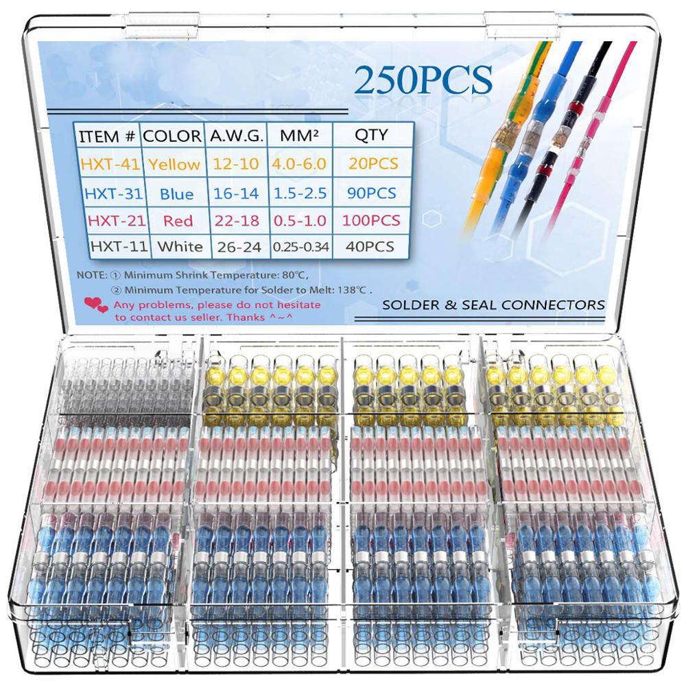 300/250 шт., термоусадочные обжимные клеммы, водонепроницаемый набор уплотнений для пайки, электрические стыковые соединители, комплект клемм для сращивания проводов и кабелей