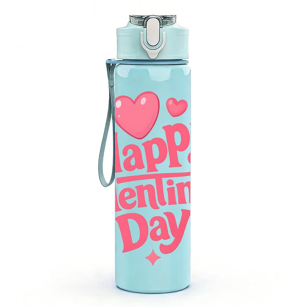 1PC Happy Valentines Day Text Print 750ml Color Plastic Sports Water Bottle Leakproof Flip Straw Lid Suitable for Sports Office Home Use