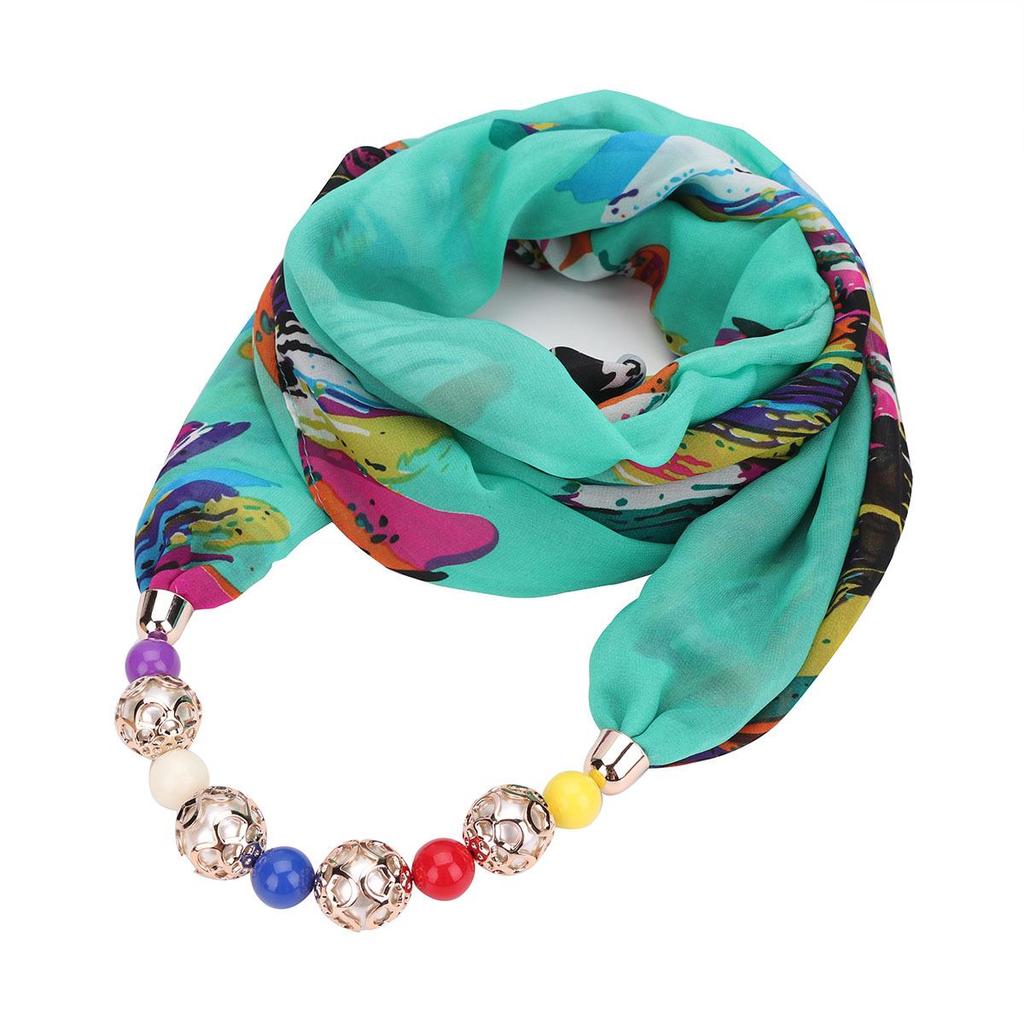 Floral Print Scarf Necklace with Beaded Chain – Elegant Women’s Fashion Jewelry & Versatile Infinity Scarf