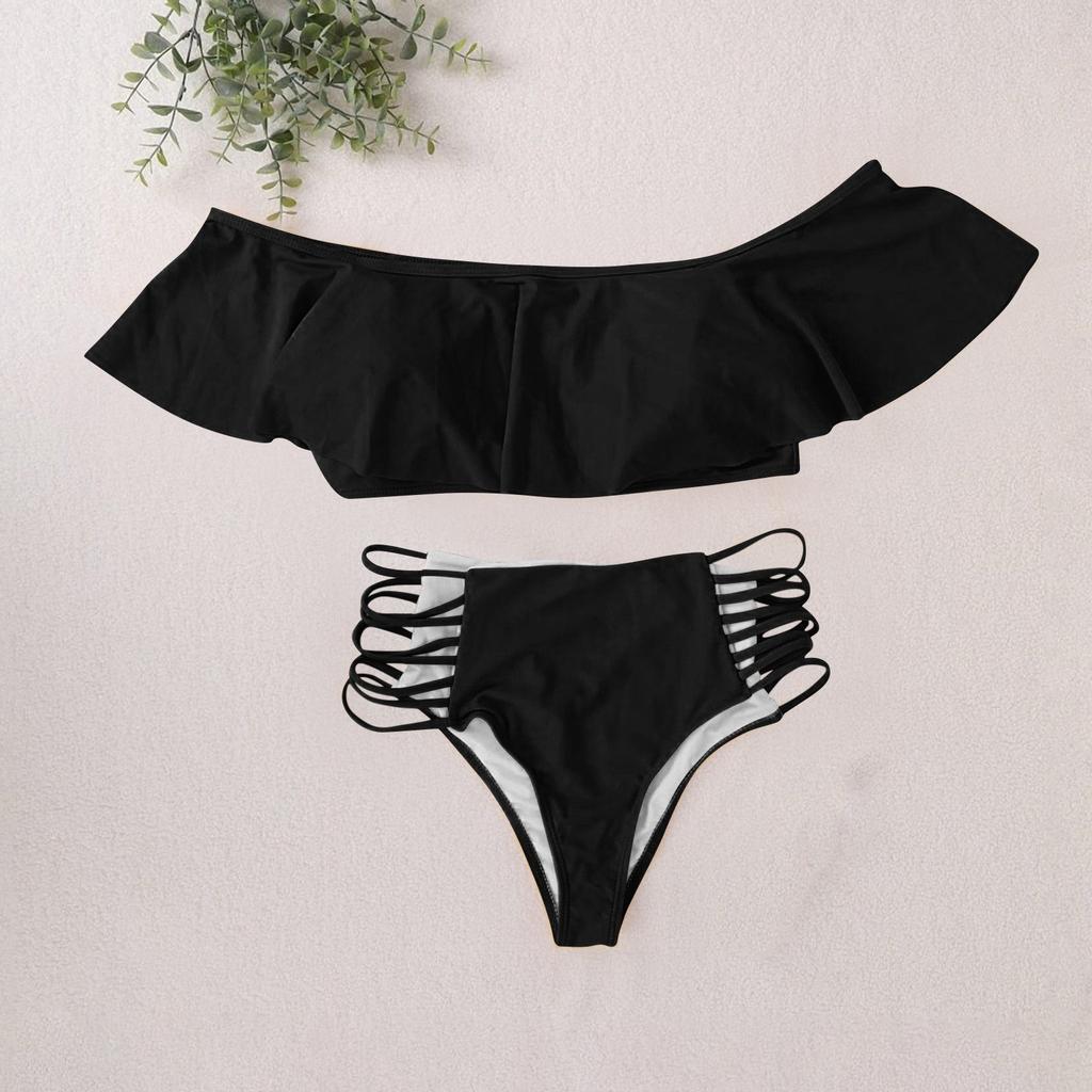 Женский модный однотонный раздельный купальник с открытыми плечами и оборками, комплект из 2 частей, пляжный купальник-бикини