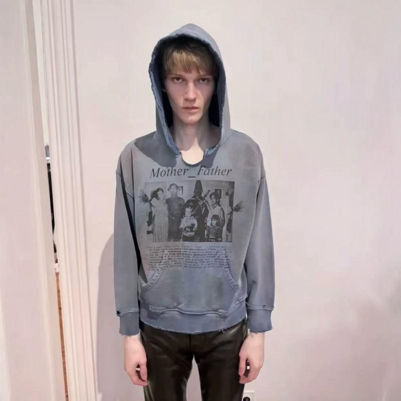 Mens Oversized Distressed Washed Hoodie With Graphic Print - American Streetwear Style Cotton Blend Loose Fit