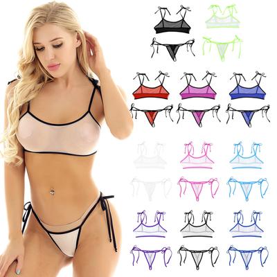 2 шт., женские мини-бикини, сетчатый прозрачный купальный костюм, топ с микро-бюстгальтером и стрингами, трусы-стринги, нижнее белье