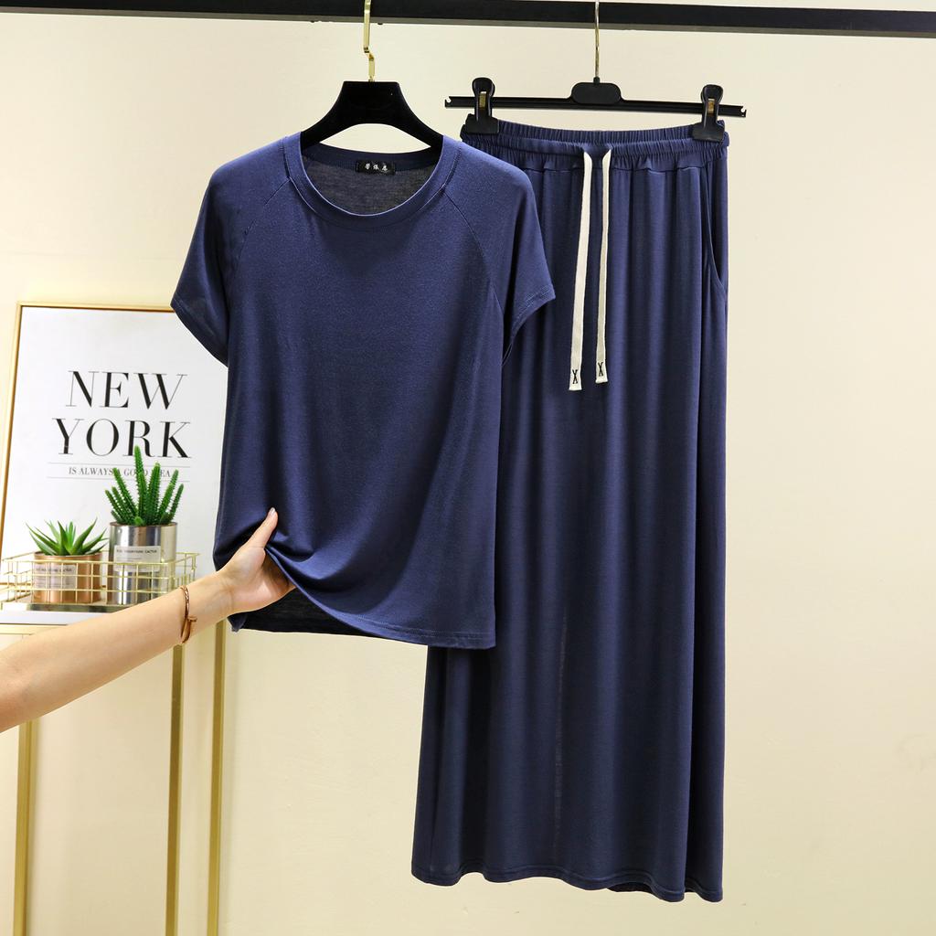 Футболки с коротким рукавом и длинным рукавом из модала с круглым вырезом и длинная юбка, комплект из 2 предметов домашней одежды больших размеров, свободные комплекты модных платьев, женские комплекты