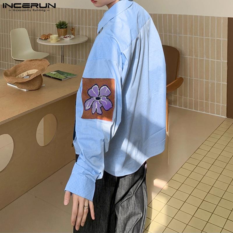 INCERUN Мужские рубашки оверсайз с лацканами, длинным рукавом, цветочным принтом и клеткой, повседневные топы