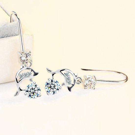 1 Pair Korean Style Hook Earrings Dolphin Design Shiny Rhinestones Drop Earrings Women Mid-length Earrings