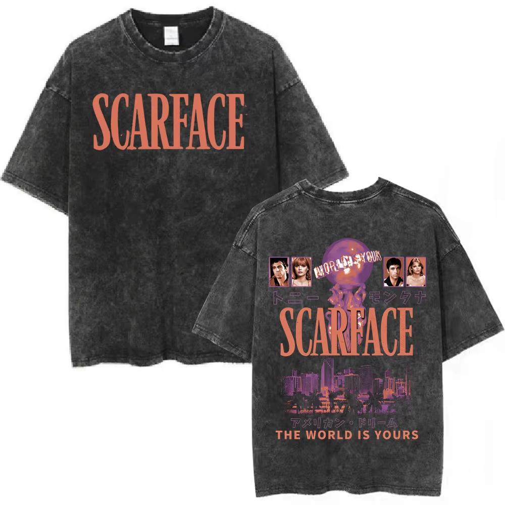 Hot Sale Vintage Washed Movie Scarface The World Is Yours Tony Montana Al Pacino T-shirts Unisex Hip Hop Retro Oversized T-shirt