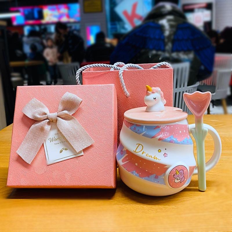 Кружка-единорог Радужная кружка Кофейная кружка с крышкой и ложкой Милая девичья кружка для питья дома Керамическая кружка