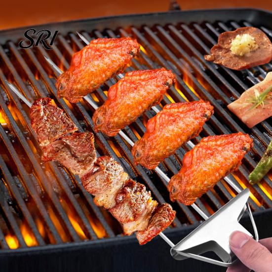 Long Stainless Steel Skewers 3-Prong BBQ Set Grill with Push Slider Family Bar Dishwasher Safe Three-Prong Kabob Sticks for Meat Veggies Shrimp