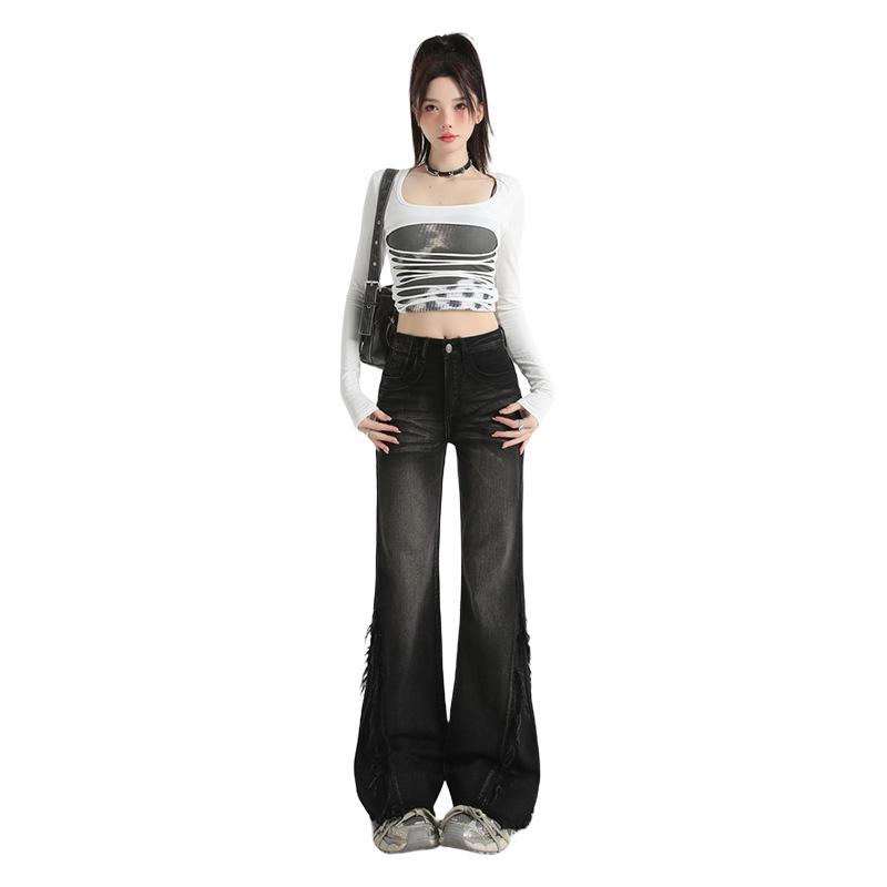 American black micro-pull jeans women's spring new rough edge design high waist without leg horn pants