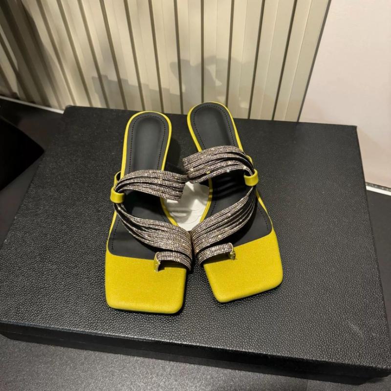 Fashion Leopard Women High Heels Slippers Crystal Square Toe Heeled Sandals Summer Clip Toe Shoes 2025 Fashion New Dress Party Pumps