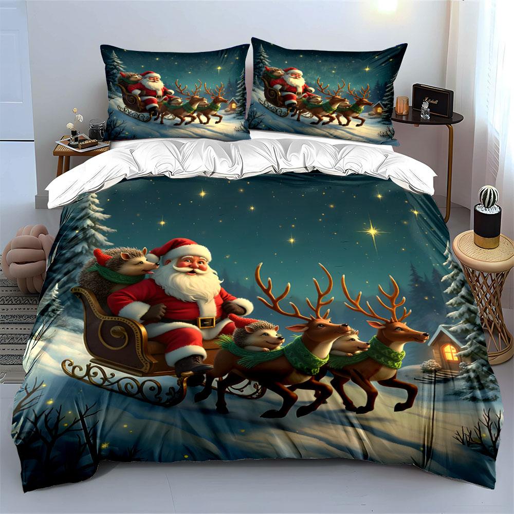 Santa Sleigh with Reindeer Bedding Duvet Cover Set Duvet Cover Pillowcases (1*Duvet Cover 2*Pillowcases, without duvet insert)