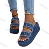 Fashion Women Denim Belt Buckle Wedge Heels Slippers Summer New Non Slip Thick Sole Beach Slippers Woman Fashion Buckle Platform Sandles