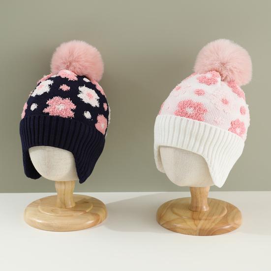 Детская шерстяная шапка с меховым помпоном, украшениями в виде маленьких цветочков, защитой ушей, утолщенной плюшевой подкладкой, вязаная шапка