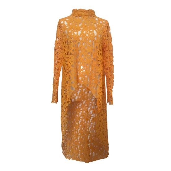 Женский длинный топ с вырезом, нерегулярное вязание крючком, кружево, цветочное лоскутное шитье, прозрачный, короткий спереди