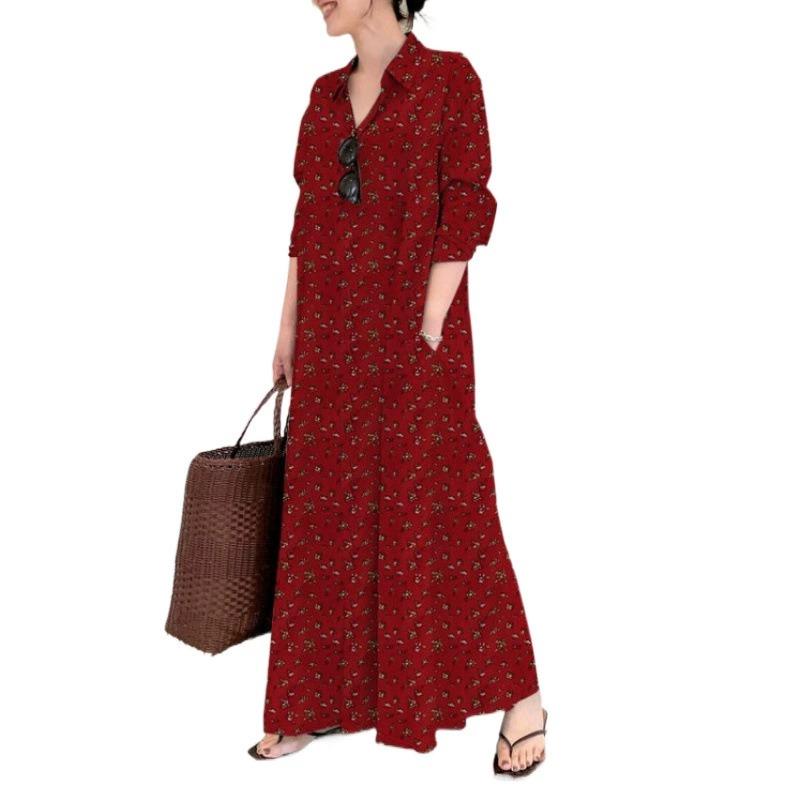 Printed Lapel Long Sleeve Insert Pocket Simple Loose Casual Long Shirt Dress