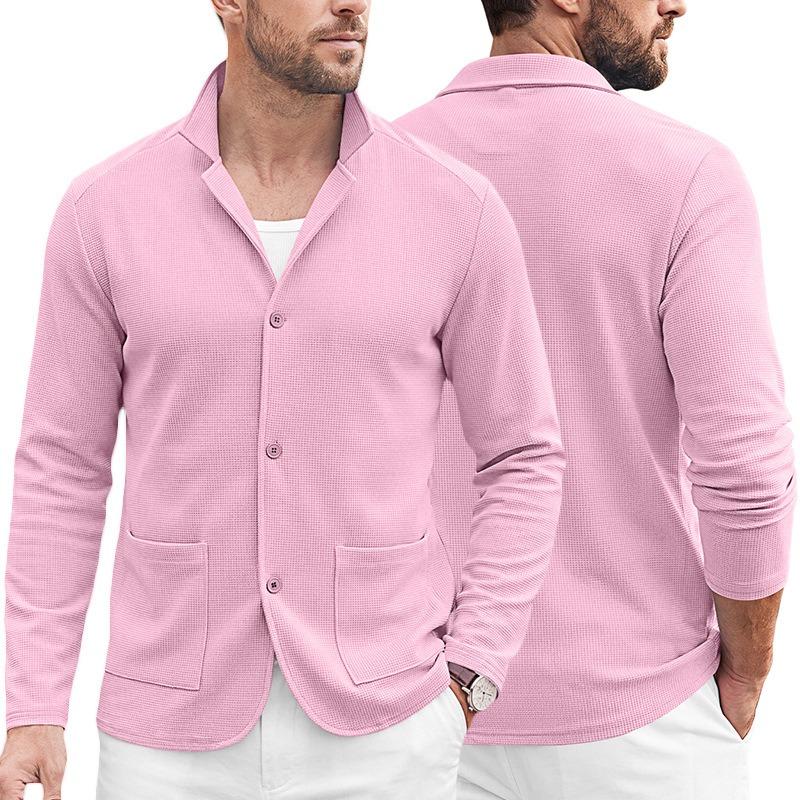 Мужской Кардиган-Пиджак Вафельной Вязки с Воротником, Однобортный, С Двумя Карманами, Бизнес-Кэжуал, С Длинным Рукавом, Верхняя Одежда