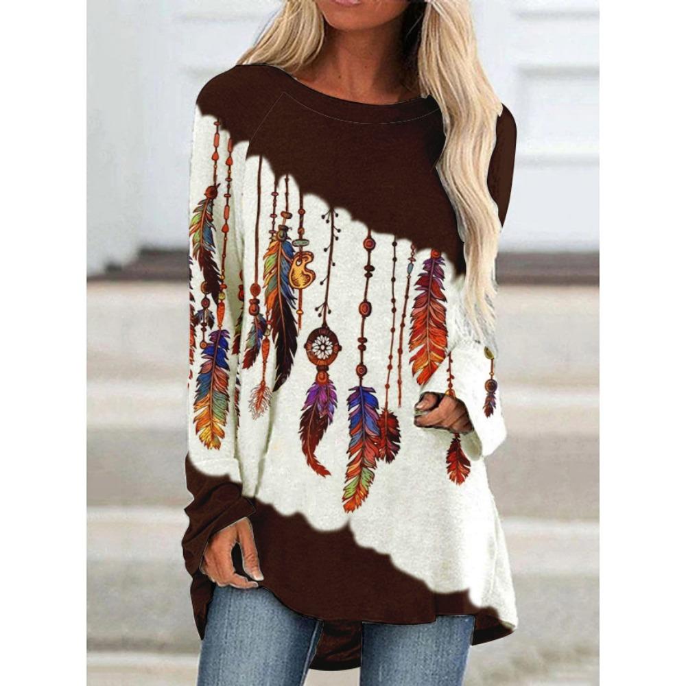 Футболка 3D Принт Футболки Женская Модная Футболка Длинный Рукав Этнические Топы Футболки Футболка с Принтом в Этническом Стиле Длинные Топы Женские