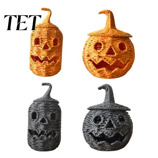 Tiered Party Setting Accessories Handwoven Pumpkin Lantern, Vintage Rustic Halloween Decor, Hollow Smile Grimace Ornament Face Storage Jar with