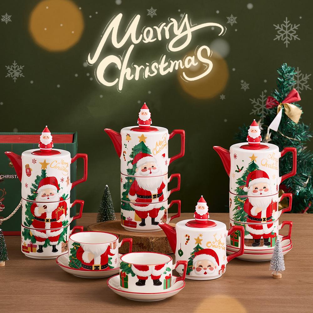 Рождественский керамический чайный сервиз с одним чайником и двумя чашками