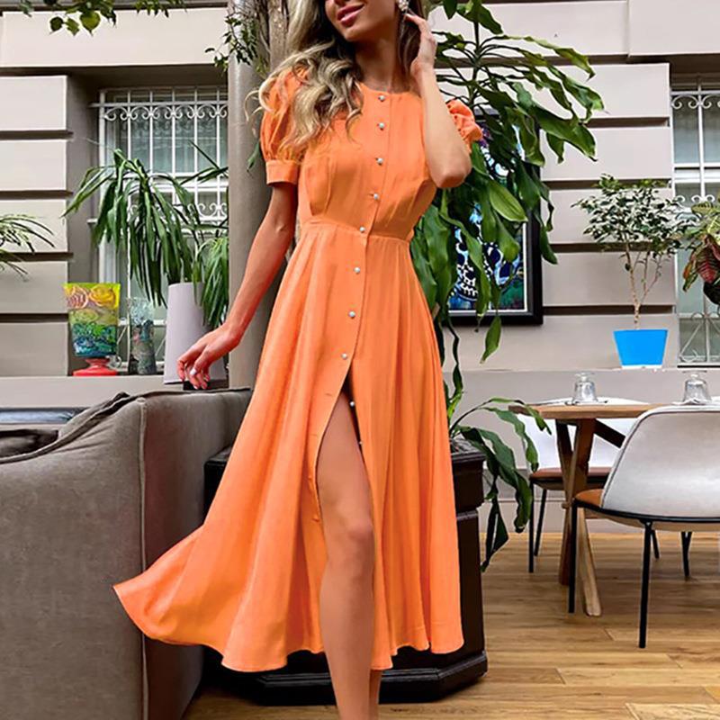 Summer Women's Dress Temperament Commuter High Waist Solid Colour Fashion Long Dresses