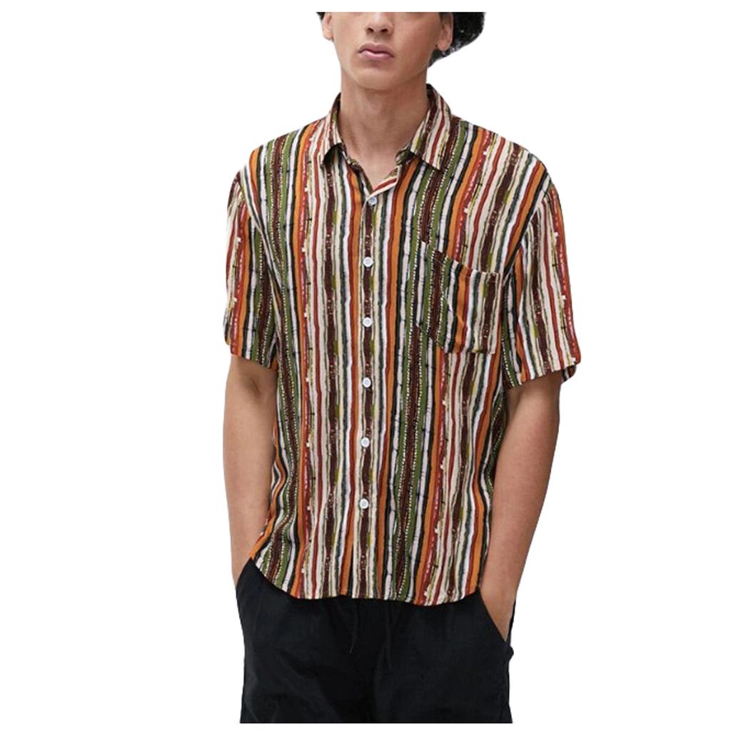 Мужская повседневная модная рубашка в полоску с принтом и лацканами с коротким рукавом Slim Fit