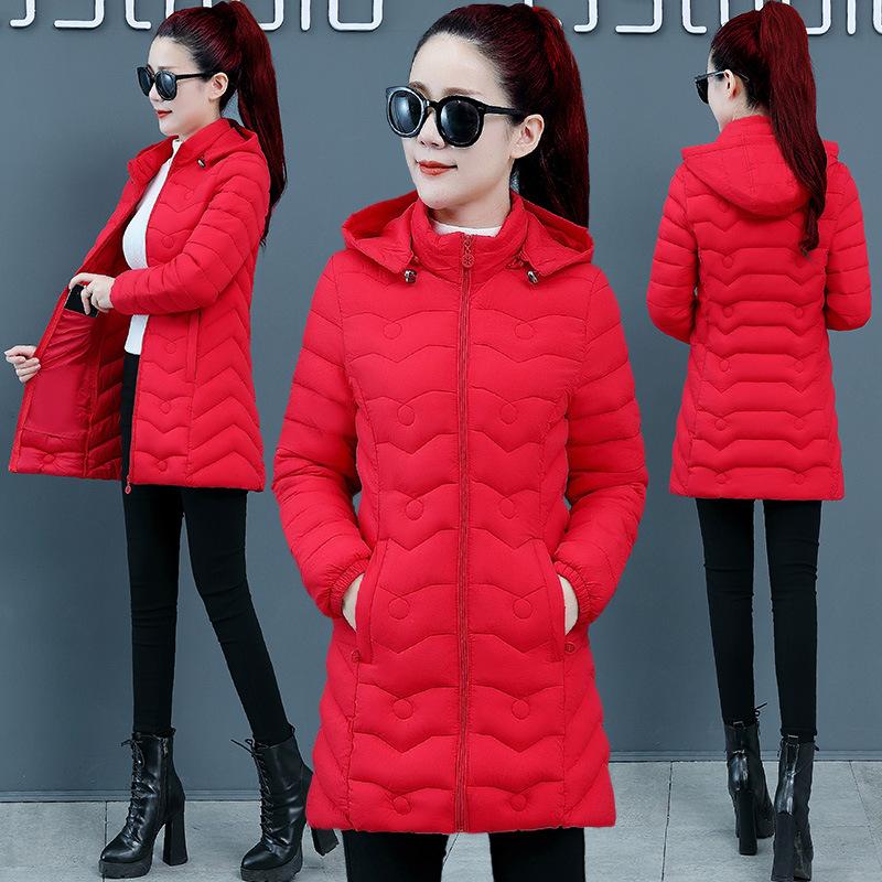 Winter Parkas Warm Padded Jacket Women Fashion Long Sleeve Hooded Mid-Length Cotton Coat Female Slim Outerwear