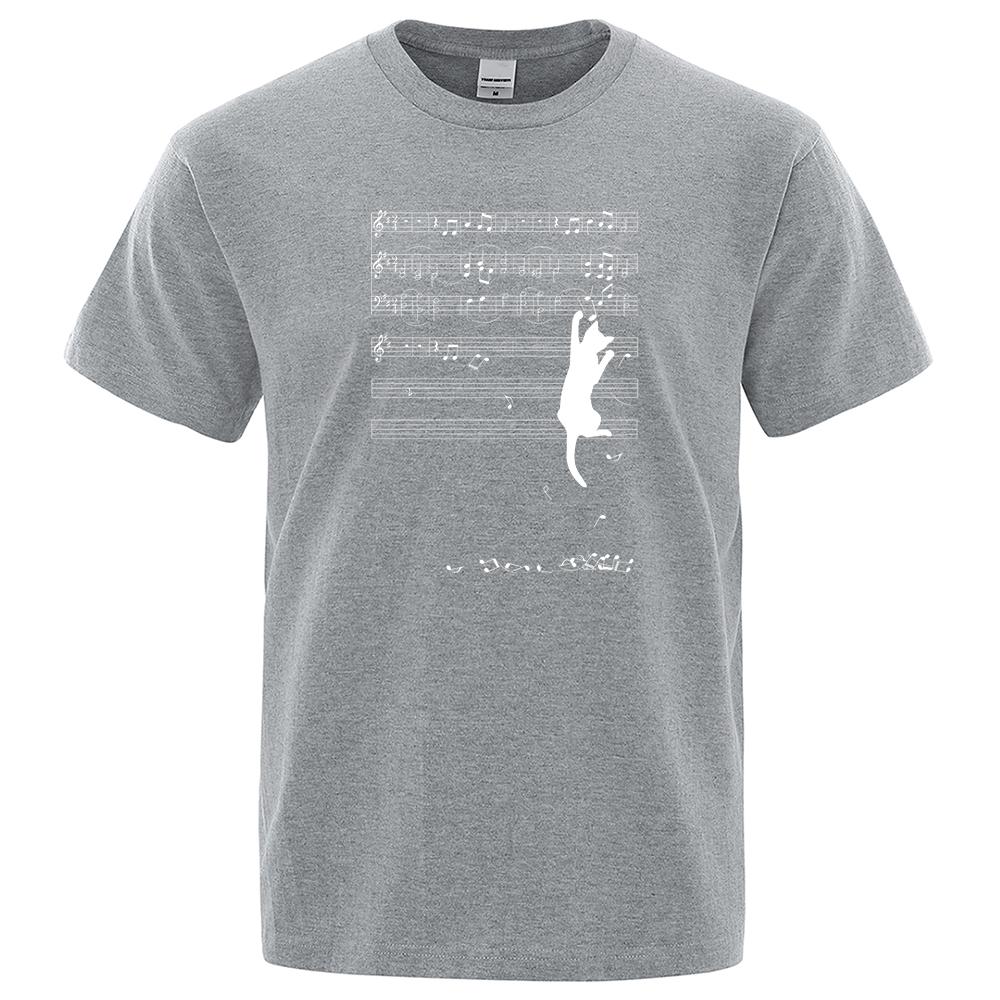 Футболка с короткими рукавами и круглым вырезом, хлопковая, с принтом «кошка висит на партитуре», летняя, свободного покроя, мужская, уличная футболка
