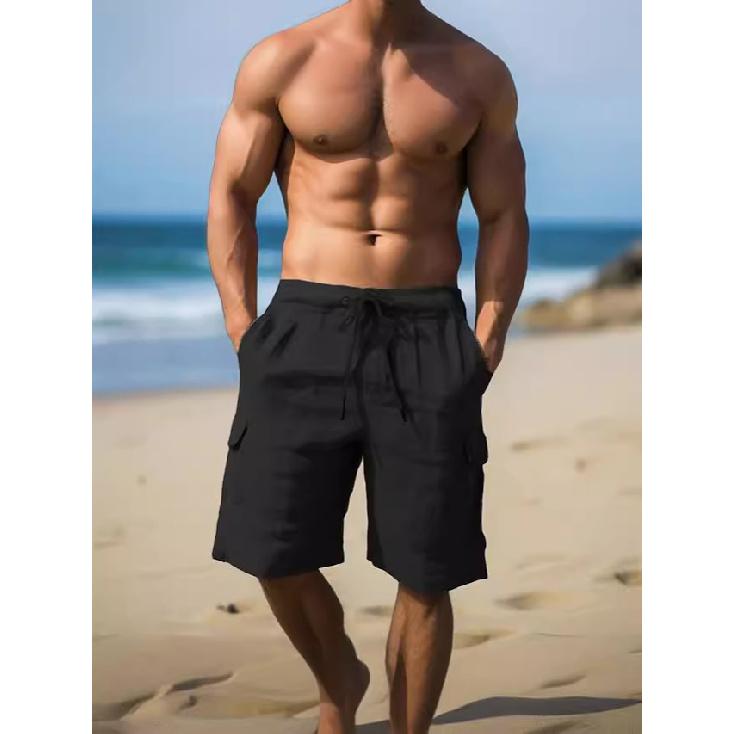 Летние мужские рабочие шорты с несколькими карманами и завязками, мужские пляжные шорты, новые льняные шорты, мужские пляжные рабочие брюки с завязками