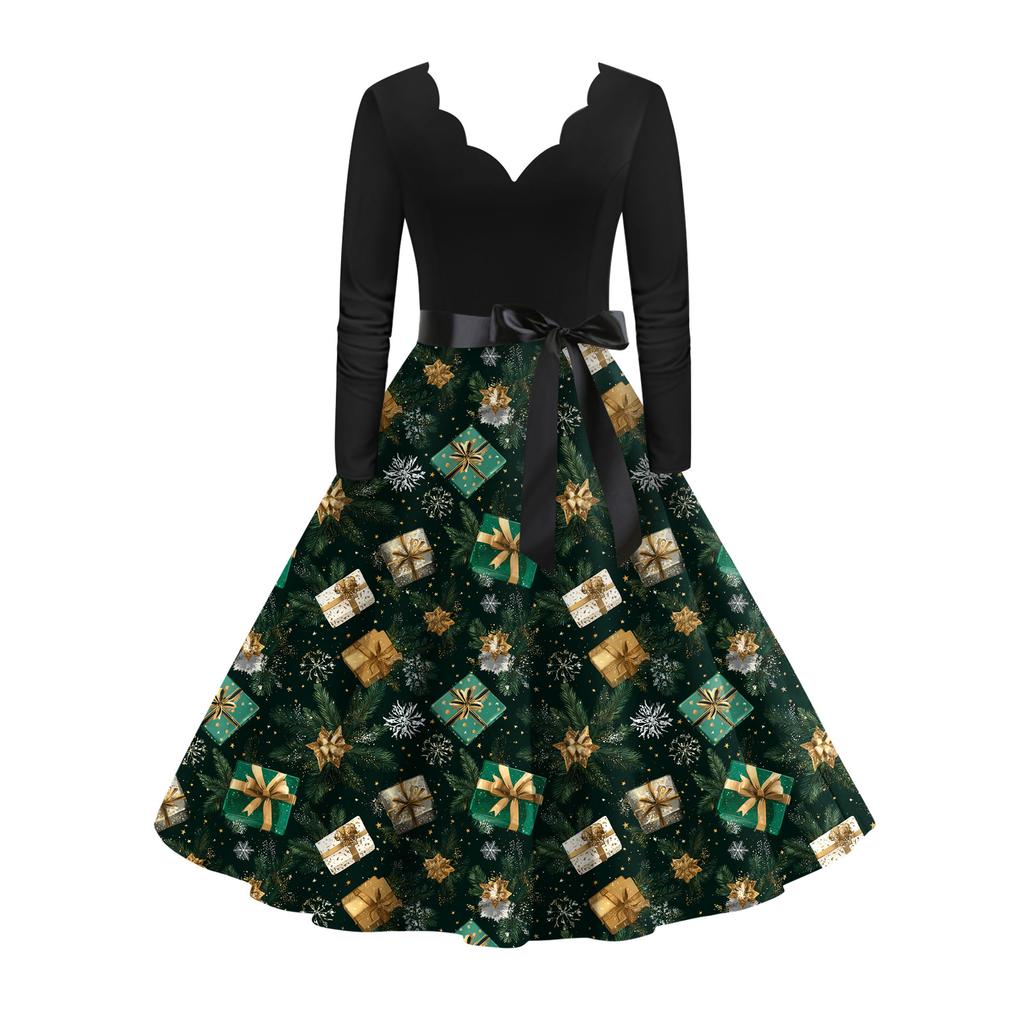 Women's Fashion Round Casual Slim Fit Christmas Print Large Swing Long Sleeve Dress