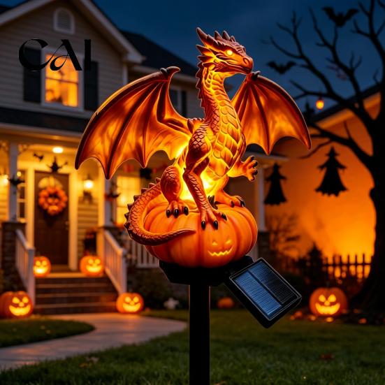 Creative Birthday Gift for Friends Dragon Solar Garden Light, Halloween Night Resin Gothic Pumpkin Tabletop Sculpture Office Statue, Medieval Fantasy