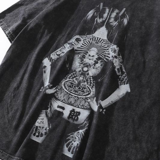 Американская уличная ретро футболка летняя новая японская укиё-э расписная тату девушка с коротким рукавом мужская и женская свободная модная