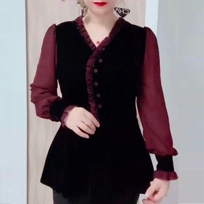 Новая футболка с V-образным вырезом и отделкой «деревянное ушко» по бокам для женщин, облегающий топ из золотого бархата