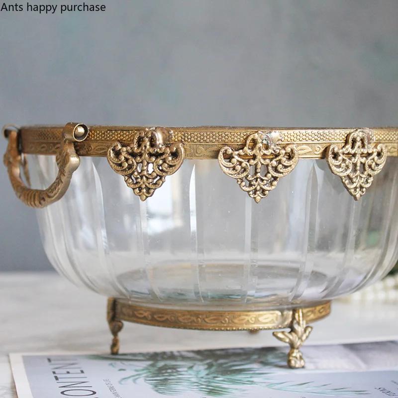 Бинауральная фруктовая чаша, латунная хрустальная стеклянная чаша, фруктовая тарелка, декоративный поднос для хранения, салатницы, поднос для закусок, форма для торта, десертная тарелка