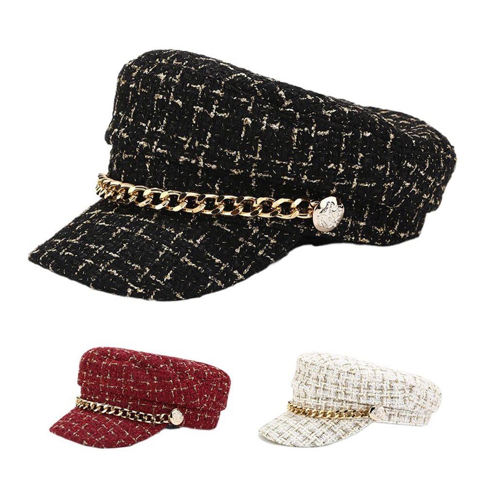 Chain Autumn Keep Warm For Girls Artist Hat Women Visors Cap Painter Hat Plaid Beret Octagonal Cap