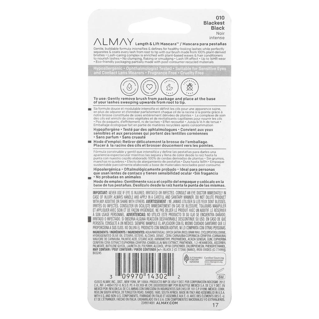 Almay Тушь для длины и объема, 010 Самый черный, 7,1 мл (0,24 жидких унций)