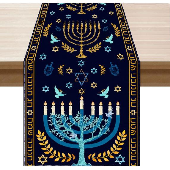 XCHI Chanukah Menorah Olive Leaf Doves Six-Pointed Star Hanukkah Table Runner Table Decoration for Party Home Kitchen Dining Holiday Decor 13x72 Inch
