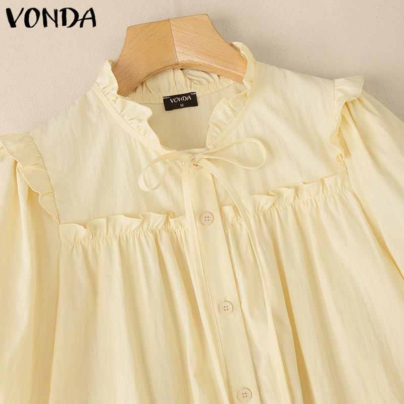 VONDA Women Ruffled Lace-up Neck Short Sleeve Casual Long Blouse