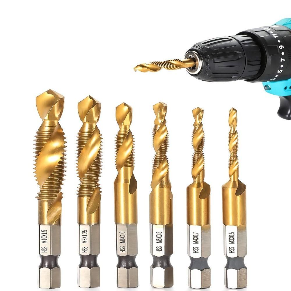 6Pcs Titanium Plated Compound Tap Spiral Flute Screw Thread Bit Metric Tap Drill Bit  Metal