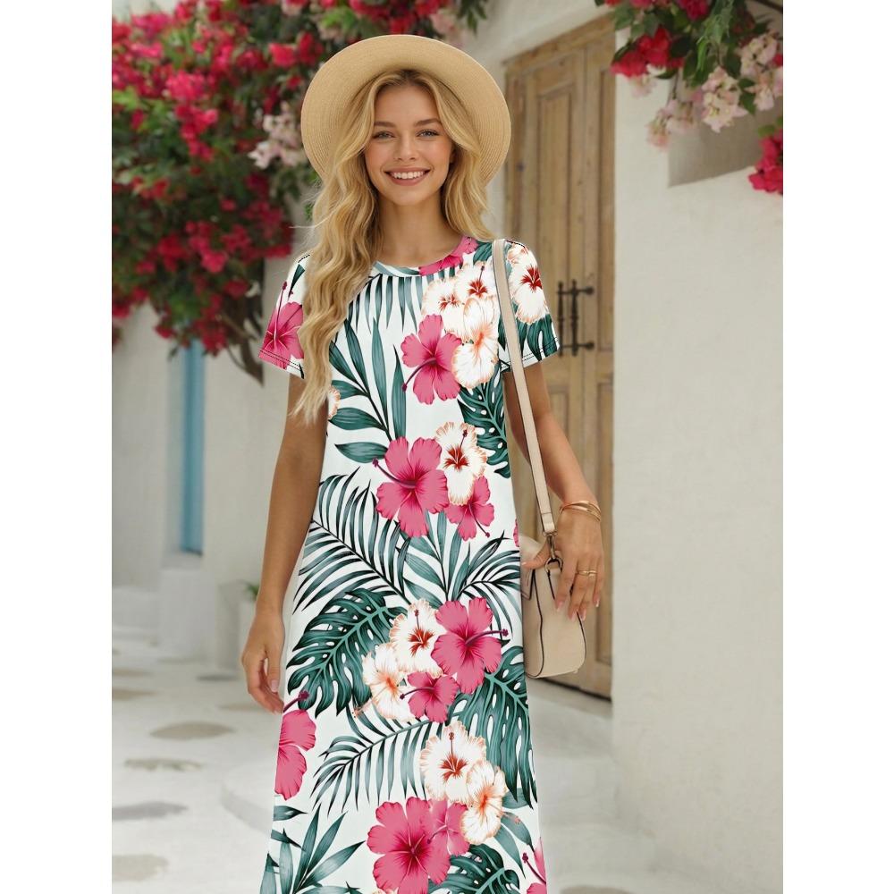 Women's Tropical Mujeon Leaf Print Short Sleeve Dress - Full Body T-Shirt Dress, Crew Neck Design
