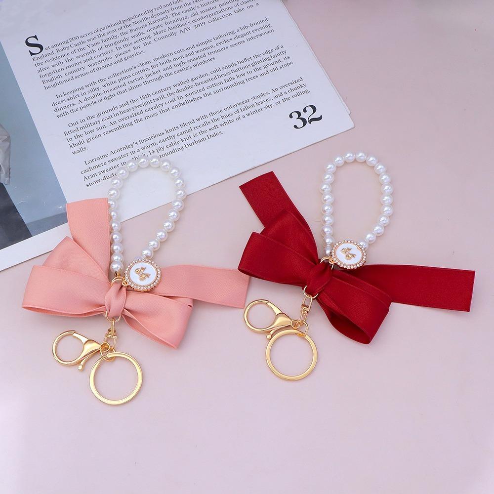 Handmade Bowknot Keychains Fabric Ribbon Headphone Case Accessories Creative Pearl Bow Keychain