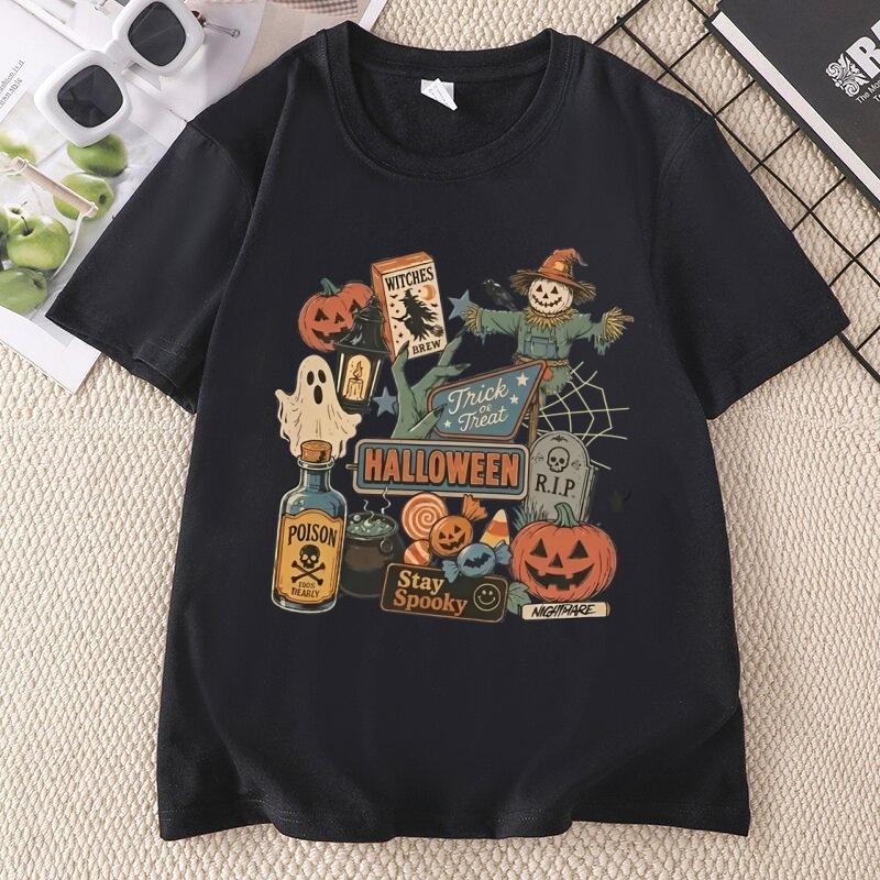 Halloween TShirt Unisexs Spooky Season Graphic Tee Pumpkin Ghost Scarecrow TShirt Cotton Short Sleeve Loose Tees