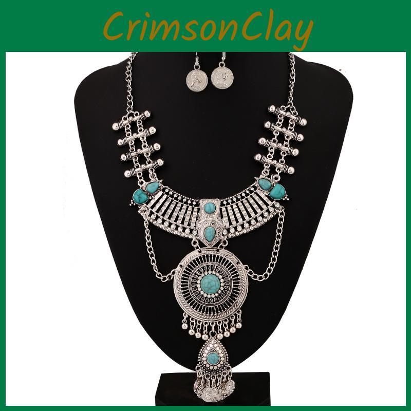 Style Ethnic Simulation Gemstone Decoration Women Necklace And Earring Set
