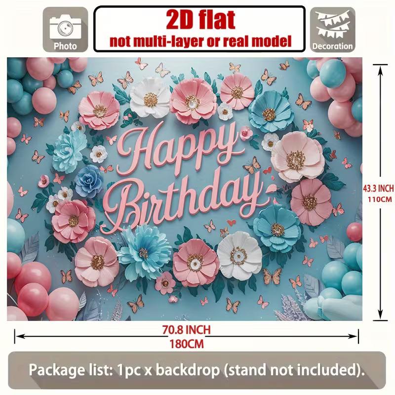 2D Happy Birthday Photography Backdrop, Light Blue Background with Pink Flowers and Butterflies