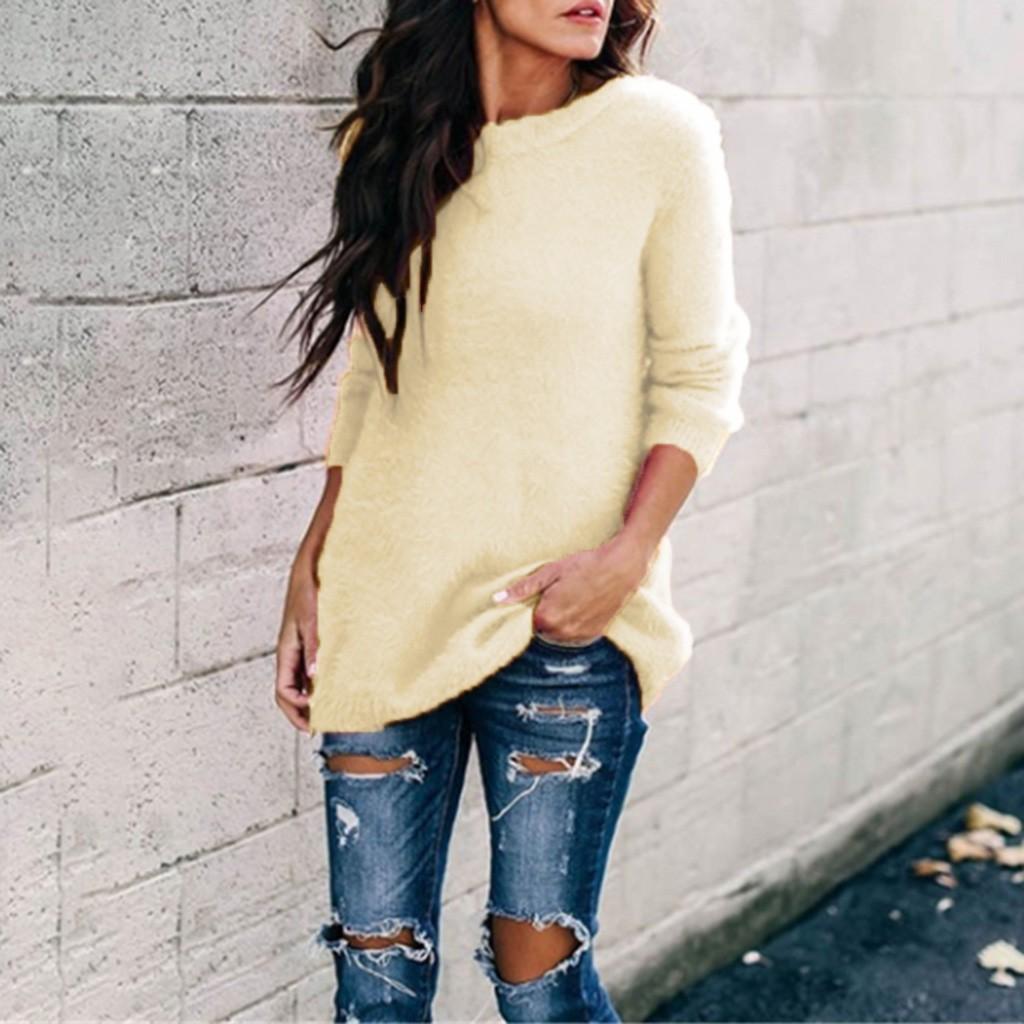 Женская бархатная однотонная блузка с круглым вырезом и длинными рукавами