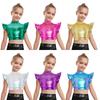 Kids Dance Shirt Metallic Mock Neck Mesh Patchwork Rhinestone Ruffle Crop Top with Press Buttons